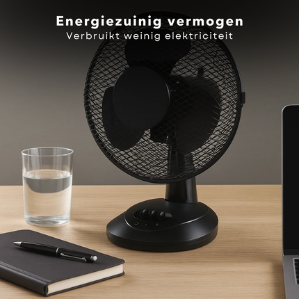 Cheqo® Tafelventilator Zwart – 23 cm Compacte Bureau Ventilator – 32 Watt – 2 Snelheden – Zwenkfunctie 75° – Lichtgewicht & Stil – Instelbare Luchtstroom – Energiezuinig – Ventilator voor Thuis & Kantoor