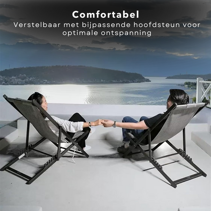 Cheqo® Luxe Ligstoel - Zwart-Grijs - Inklapbaar en Verstelbaar - Tuinligstoel met Hoofdsteun - Draagbaar - 101x61x91 cm - 3.8 KG - Voor Thuis en Onderweg - Campingstoel - Tuinstoel - Loungestoel -  Verstelbare Rugsteun Ligbedden