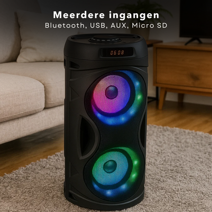 Cheqo® Bluetooth Party Speaker - Draagbare Speaker - Krachtig Geluid - RGB LED-Verlichting - Draadloze Verbinding - Bluetooth 5.3 - TWS-Functie - Multifunctioneel Afspelen - USB, Micro SD, AUX - FM-Radio - Lange Batterijduur - 10W Vermogen
