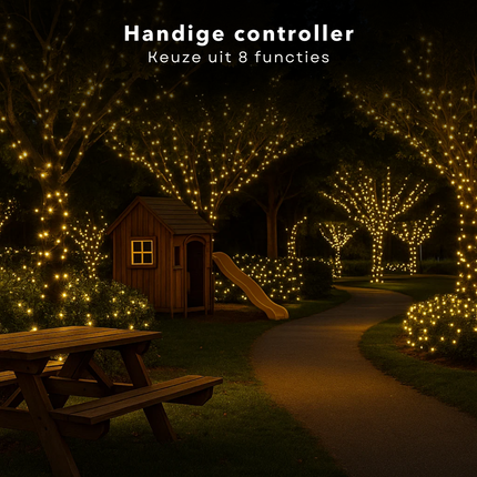Cheqo® Kerstverlichting - Kerstlampjes - Kerstboomverlichting - Extra Warm Wit - 768 LED - 8 Lichtfuncties - Automatische Timer - Binnen en Buiten - IP44 Adapter - Zwart Snoer - 990 CM Lengte - Geheugenfunctie - Clusterverlichting