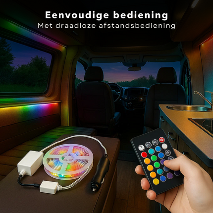 Cheqo® LED Strip 2 Meter - RGB LED Strip - Zelfklevende LED Strip - Draadloze Afstandsbediening - 12V/24V Aansluiting - Sfeerverlichting LED - Auto LED Verlichting - Caravan LED Strip - Dimbare LED Strip - 60 Led's - Infrarood Bediening