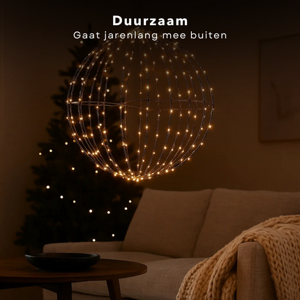Cheqo® Verlichte Bal Voor Buiten - Warm Wit LED-Licht - Kerstbal LED - Kerstfiguur - Kerstverlichting Voor Buiten - 260 LED Lampjes - Timerfunctie - Stevig Zwart Metaal - Moderne Uitstraling - Tuinverlichting - Sfeerverlichting
