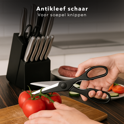Cheqo® 15-delige Messenset met Messenblok Zwart – RVS Koksmes Broodmes Snijmes Santokumes – Steakmessen – Schilmes – Universeel Mes – Aanzetstaal – Keukenschaar – Anti-kleeflaag – Japanse Chefkok Messen – Strak Design