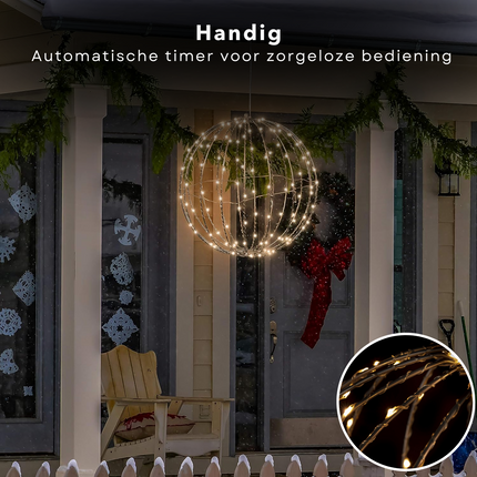 Cheqo® Kerstverlichting Lichtbol - Metaal - 320 LED's - Timer - Extra Warm Wit - Diameter 50 cm - Aanloopsnoer van 300 cm - Opvouwbaar - Voor Binnen en Buiten - Kerstverlichting - Kerstlampjes - Sfeerverlichting - Kerstbol Verlichte Kerstfiguren