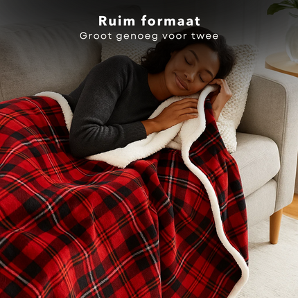 Cheqo® Kerstdeken - 200x150 CM - Plaid Rood Geruit - Flanel Sherpa Fleece - Zachte Warmteplaid - Schotse Ruit - Sfeervolle Woondecoratie - Polyester - Flanel met Print - Sherpa Achterzijde - 1200 Gram - Plaid - Woonaccessoire - Winterdeken