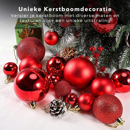 Cheqo® Luxe XL Rode Kerstballen Set - 101 Stuks - Met Piek - Onbreekbaar Kunststof - Kerstboomversiering - Kerstversiering - Verschillende Formaten & Designs - Kerstboom - Kerstdecoratie - Christmas - Met Ophangoog - Mat - Glanzend - Glitters Kerstballen