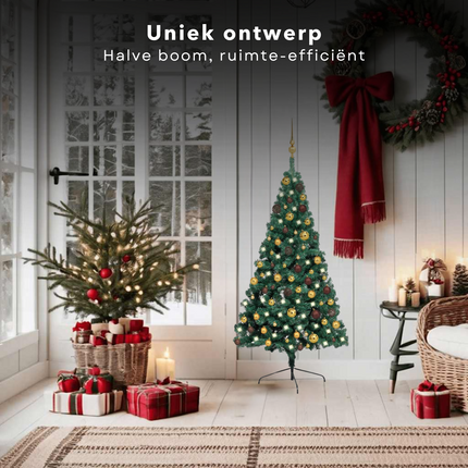 Cheqo® Kerstboom - Kunstkerstboom PVC - 120 cm - Met LED-verlichting en Kerstballen - Ruimtebesparend