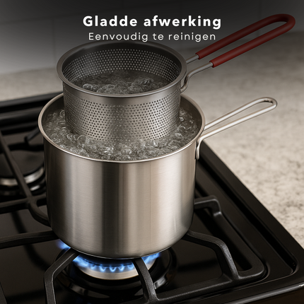 Cheqo® Frituurpan met Korf - Voor Fornuis - Frituur Pan - RVS - 1.2L - Geschikt Voor Gas - Inclusief Frituurmandje