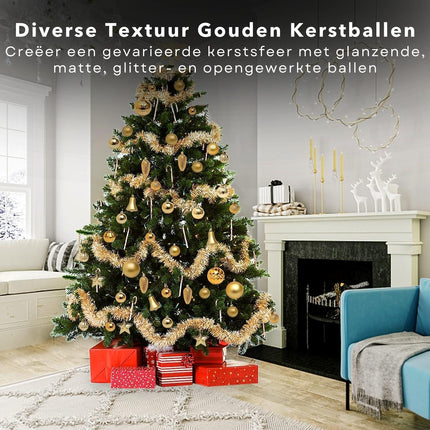 Cheqo® Gouden Kerstballen Set - 60 stuks - Kunststof - Kerstboomversiering - Kerstversiering - Onbreekbaar - Verschillende Formaten & Designs - Kerstboom - Kerstballenset - Kerstdecoratie - Kerst - Christmas Kerstballen