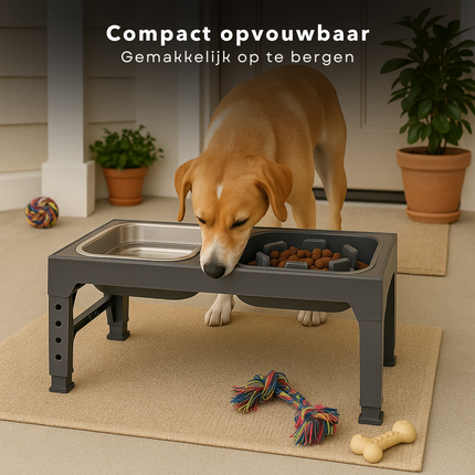Cheqo® Verstelbare Hondenvoerbak – 5 Hoogtes – Anti Schrokbak & Slow Feeder – RVS Drinkbak – Opklapbaar – Kunststof Standaard – Anti-Slip Poten – Dubbele Eet- en Drinkbak – Voor Grote & Kleine Honden – Zwart – Morsbestendig