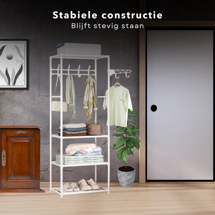 Cheqo® Metalen Kledingrek - Garderoberek - Kleerkast - Kleding Kast - Garderoberek - Kapstok - 3 Legplanken - Wit - 170 cm Hoog - Praktisch Opbergen