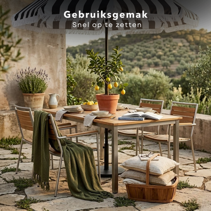 Cheqo® Parasol - Tuinparasol - Tuinparaplu - Strandparasol - Balkon Parasol - Camping Parasol - Gestreepte Parasol - Zwart Wit Parasol - Parasol Met Franjes - Parasol Met Draagtas - Kantelbare Parasol - Verstelbare Parasol - Parasol Uv Bescherming