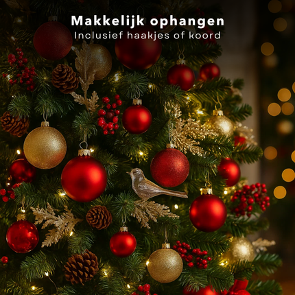 Cheqo® Kerstballen Set - 42 Stuks - Ø7 cm - Rode Kerstballen - Glazen Kerstballen - Kerstboom Decoratie - Matte Kerstballen - Glimmende Kerstballen - Glitter Kerstballen - Trendy En Modern - Warme Uitstraling - Kerstbal Set Rood