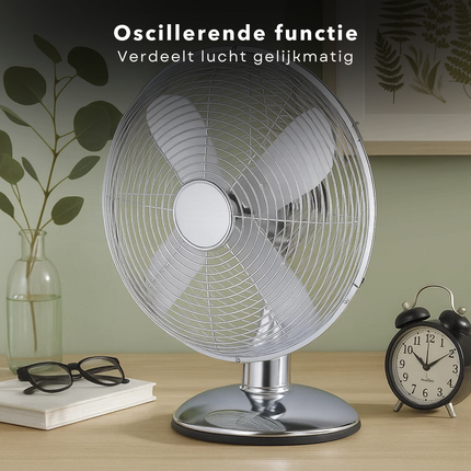 Cheqo® Tafelventilator 30 cm – Retro Design – Chroom – 3 Snelheden – Kantelbaar – Zwenkfunctie – Metalen Bladen – Bureau Ventilator – Stil – Compact – Verstelbare Kop – Energiezuinig – Ventilator met Handvat – 35 Watt
