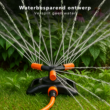 Cheqo® 3-Armige Wervelende Tuinsproeier – Zwenksproeier met 360 Graden Bewatering – Gazonsproeier met Tuinslangaansluiting – Waterstroom Aanpasbaar – Brede Spray & Smalle Straal
