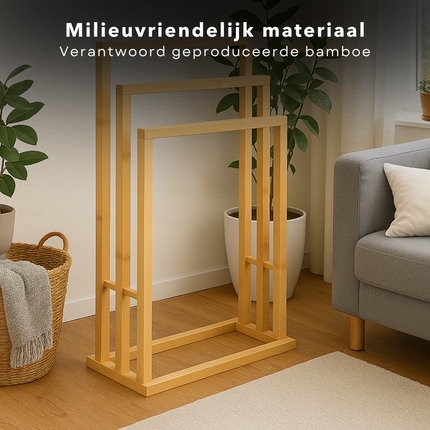 Cheqo® Handdoekenrek Badkamer - Handdoekrek Bamboe - Handdoek Rek Vrijstaand - Zonder Boren - 3 Hoogtes