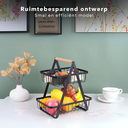 Cheqo® Fruitrek - Zwart Metaal & Hout - 2 Lagen - Moderne Etagere - Fruitmand - Fruitschaal - Keukenorganizer - Aanrecht Organizer - Keuken Bureau Organizers – Aardappelbak - Keukenopslag - 43 cm