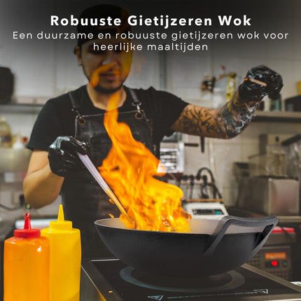 Cheqo® - Gietijzeren Wokpan - Ø36 cm - Zware Kwaliteit - BBQ en Open Vuur - Duurzaam Koken - Robuuste Handvatten - 4.3 kg - Lange Levensduur - Anti-Aanbaklaag Wokpannen