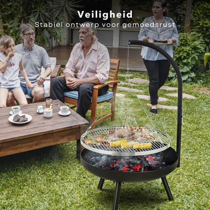 Cheqo® Verstelbare Barbecue - BBQ - Houtskool Barbecue - Metalen Vuurschaal Buitenhaard - Verstelbare Kookhoogte - Tuinhaard met BBQ