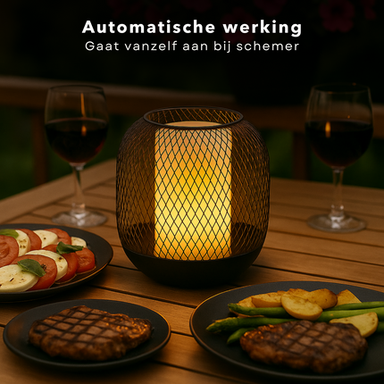 Cheqo® Solar Tafellamp - Metalen Lantaarn - Sfeerverlichting Tuin - Buitenlamp - Tafel Lamp op Zonne-energie