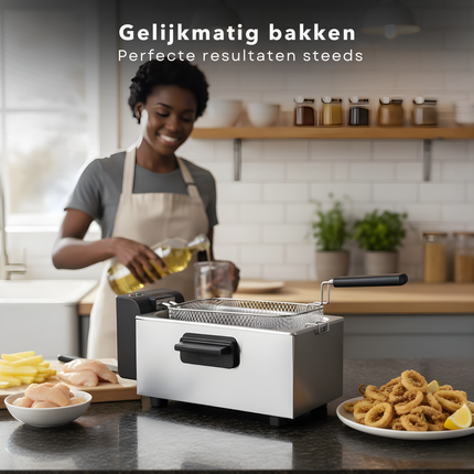 Cheqo® Friteuse - Regelbare Thermostaat - Indicatielampje - Uitneembare Tank - Verwarmingselement - PFAS-vrij - Eenvoudig Te Reinigen - RVS/Zwart - Functionele Friteuse - Frituurpan - Frituur Pan - Frietpan - Frituren
