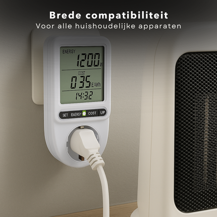 Cheqo® Energiekosten Meter voor Standaard Stopcontact – Energie Verbruiksmeter met Duidelijk Display – kWh Meter tot 3680W – Nauwkeurige Stroomverbruik Meter – Overbelastingsbeveiliging – Energie Besparen – Energiemeter