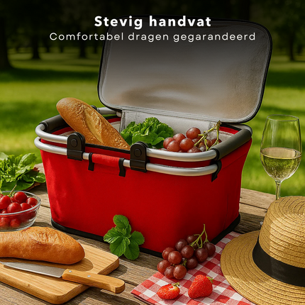Cheqo® Opvouwbare Picknickmand - Picknickmand Rood - Koelmand Met Rits - Aluminium Frame - Oxford Cloth - Lichtgewicht Mand - Draagbare Picknickmand - Picknickmand Met Handvat - Picknickmand Voor Buiten - Picknickmand Voor Reizen