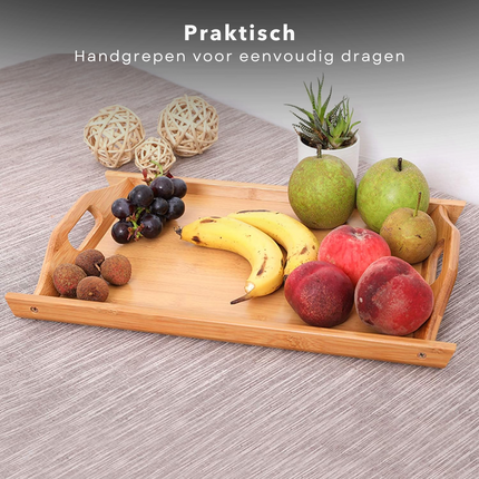 Cheqo® Bamboe Dienbladen Set - Serveerbladen Met Handgrepen - Set Van 3 Bamboe Serveerbladen - Dienblad Set - Bedtafel - Serveerblad