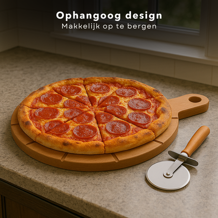 Cheqo® Pizza Snijplank - Pizzaplank - Pizza Plank - Acaciahout Snijplank - Pizzabord Met Groeven - Pizzasnijder Inbegrepen - Snijplank Met Handvat - Ophangoog Snijplank - Pizza Serveren