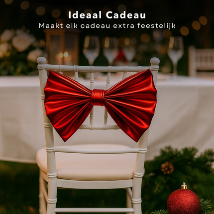 Cheqo® Kerst Stoelstrik - Stoelstrik Rood - Set Van 2 - Stoeldecoratie Kerst - Roden Strik - Kerstdecoratie Stoel - Feestelijke Stoelstrik - Kerstversiering Stoel - Decoratieve Strik - Stoelstrik Set - Kerst Strik