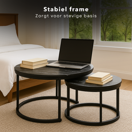 Cheqo® Industriële Bijzettafels Set - Modern Design - Bijzettafel Set - Bijzet Tafel - Salontafel Industrieel - Zwart MDF & Metaal