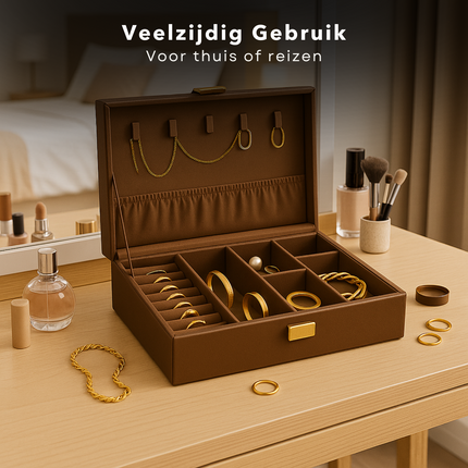 Cheqo® Sieradendoos Kunstleer - Bijouteriedoos - Sieradenkoffer - Juwelendoos - Sieraden Organizer - Bruin - Sieraden Doos - Sieradendoosje Met Kettinghaakjes en Ringklemmen