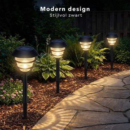 Cheqo® Solar Tuinverlichting - Solar Buitenlamp - Buitenlamp Zonne Energie - Solar Lamp Buiten - Solar Lampen Buiten - Solar Tuinlampen - Solar Priklampen - Solar Tuinverlichting Warm Wit - Zwarte Solar Buitenlamp - Solar Lampen Set 4