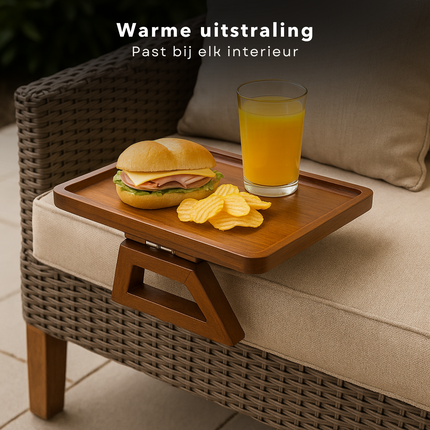 Cheqo® Armleuning Dienblad - Bamboe Dienblad - Antislip - Bruine Kleur - Inklapbaar Dienblad - Bank Dienblad - Bamboe