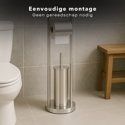 Cheqo® Vrijstaande Toiletbutler - Vrijstaand Toilet Butler - Zilver RVS - Touletborstel met Houder - WC Rol Houder - Rolhouder - Moderne Toiletaccessoires - 80 cm Hoog - Stijlvol en Duurzaam