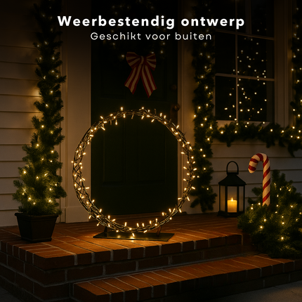Cheqo® Kerstkrans Op Standaard - 200 Led Verlichting - 40 cm Diameter - Warm Wit Licht - Automatische Timer - Binnen En Buiten Gebruik - Metalen Standaard - IP44 Adapter - Met Timer - Kerst Krans - Kerstverlichting
