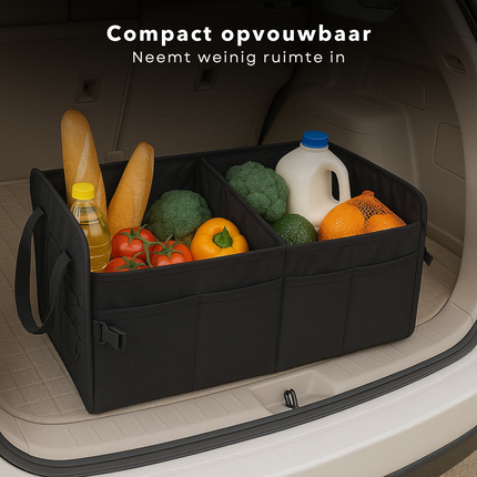 Cheqo® Kofferbak Organizer Auto – Opvouwbare Auto Opbergtas met Meerdere Compartimenten – Zwarte Kofferbak Opbergbox – Anti-Slip Ontwerp met Klittenband – Auto Accessoires – Waterdicht – Autostoel Organizer – Gereedschapstas
