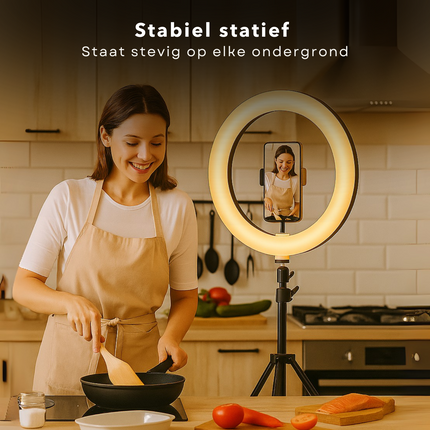 Cheqo® Ringlamp met Statief – Selfie Ringlight 12” – 120 LED Lampjes – TikTok Lamp – Dimbaar Licht – 3 Lichtstanden: Cool, Warm & Neutraal – 360° Draaibaar – USB – Universele Telefoonhouder – Vlog & YouTube Licht
