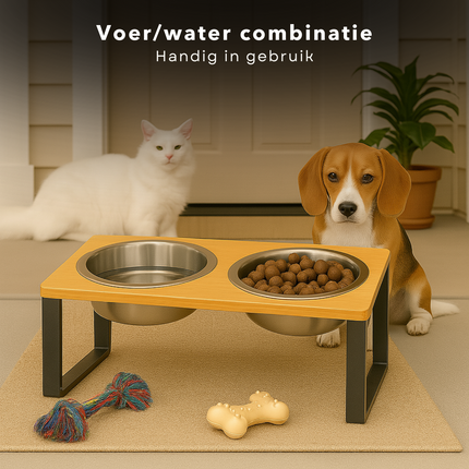 Cheqo® Dubbele Voerbak Voor Honden & Katten – RVS Voerbakken met Bamboe Standaard – Verhoogde Eet- en Drinkbak – Antislip Voerbak met Houder – Waterafstotend – Ergonomisch – Voor Kleine Huisdieren
