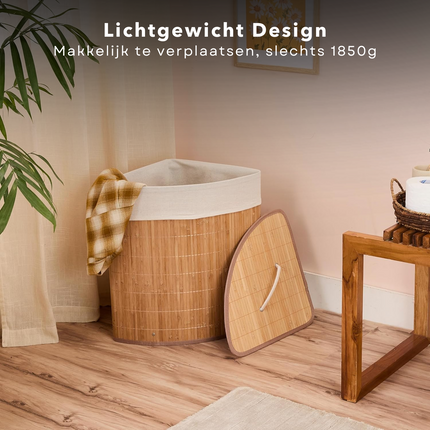 Cheqo® Bamboe Wasmand Hoekmodel - Wassorteerder met Waszak - 72L Opvouwbaar - Naturel met Deksel