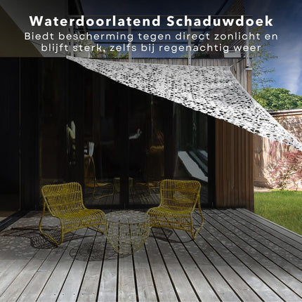 Cheqo® Schaduwdoek Camouflage - Driehoek - 360x360x360 cm - Wit - Waterdoorlatend en Windbestendig - Inclusief Scheerlijnenset - 210D Polyester - Draagzak inbegrepen - Schaduwnet - Schaduwdoeken - Zonwering - Luchtdoorlatend Schaduwdoek