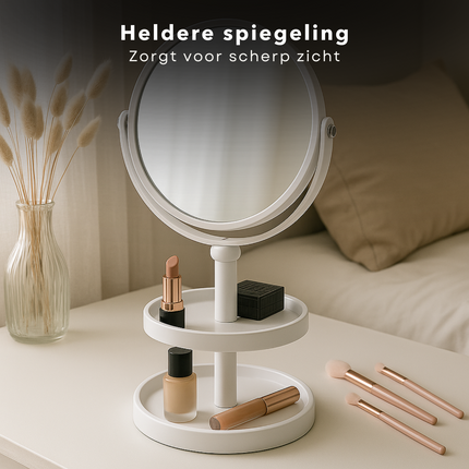 Cheqo® Make-Up Spiegel met Oganizer - Scheer Spiegel - Vergroot Spiegel - Makeup Spiegel met Houder - Wit - Dubbelzijdig - Metaal