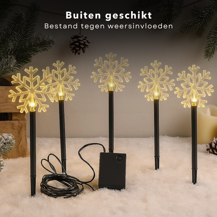 Cheqo® LED Tuinstekers - Sneeuwvlok Verlichting - Set Van 5 - Warm Wit LED - Buitenverlichting - IP44 Waterdicht - Acryl Sneeuwvlok - Kunststof Grondpen - Batterij Aangedreven - Automatische Timer - 8 Uur Aan Timer - 16 Uur Uit Timer