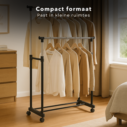 Cheqo® Dubbel Kledingrek op Wieltjes - Garderoberek - Kapstok - Kleding Rek - Kledingstang Verstelbaar & Mobiel - Metaal