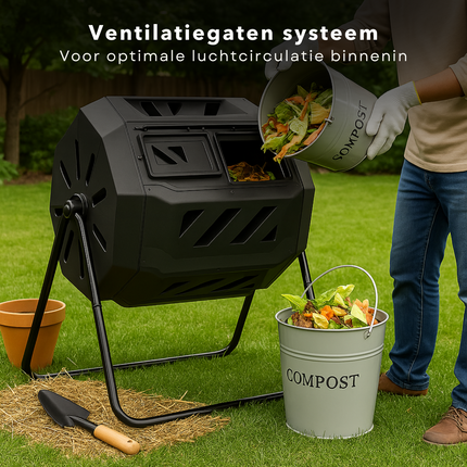 Cheqo® Compostmolen 160L - Compost Molen - Compost Vat - Compostbak - Composter - Compostvat - Roterend Tuin Compostsysteem - Kunststof & Metaal - 360 Graden Ventilatie