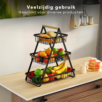 Cheqo® Fruitrek - Fruitmand - Fruitschaal - Keukenorganizer - Aanrecht Organizer - Keuken Bureau Organizers – Aardappelbak - Drie Lagen - Keukenopslag - 47 cm - Metaal en Hout