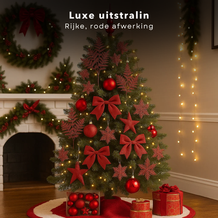Cheqo® Kerstversiering Set - Rode Kerstdecoratie - Kerstboom Versiering - Kunststof Kerstballen - Luxe Decoratieset - Rode Kerstballen - Kerstboom Verlichting - Warmwitte Led-Lampjes - Onbreekbare Kerstballen