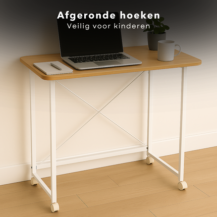 Cheqo® Inklapbare Wandtafel - Bijzettafel - Laptop Tafel - Haltafel - Bedtafel - Wit Metaal - Met Wielen
