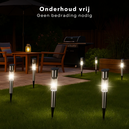 Cheqo® Solar Tuinlamp – Tuinverlichting op Zonne-Energie – LED Tuinlamp – Roestvrij Staal – Automatisch Inschakelen – Koud Wit Licht – Grondpin - Padverlichting - Tuinlamp Zonnepaneel - Zonne Energie Tuinverlichting