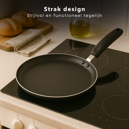 Cheqo® Pannenkoekenpan 24 cm - Pannenkoekpan PFAS Vrij - Crepe Pan - Koekenpan voor Pannenkoeken - Keramische Anti-aanbaklaag - Ook voor Inductie - Zwart